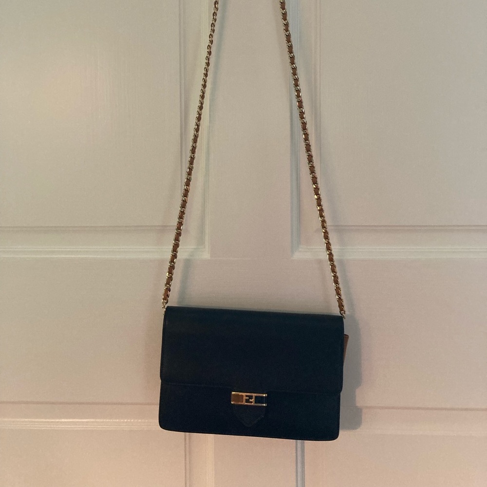 Fendi Black Leather Shoulder Bag with Gold Chain